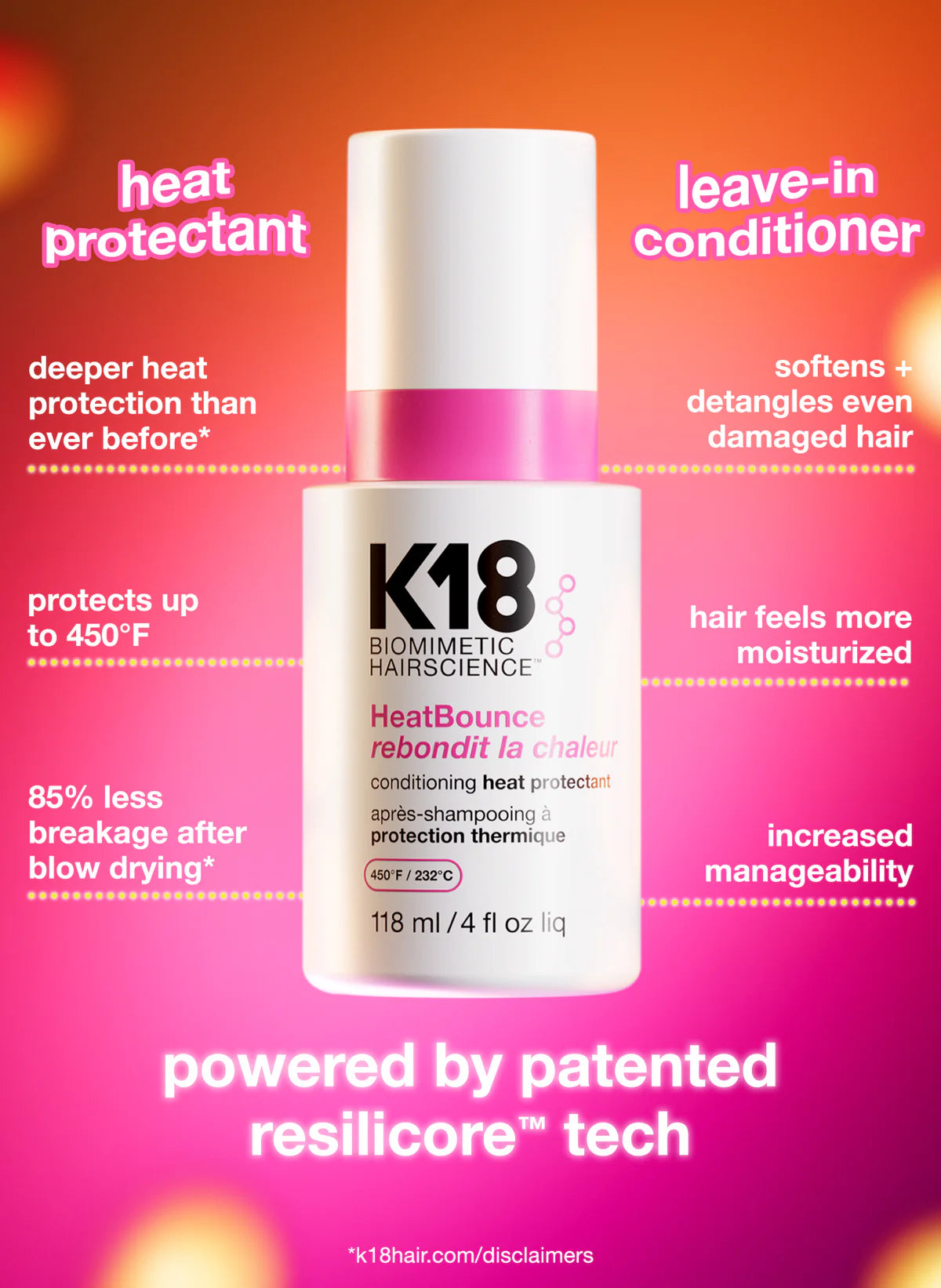 K18 HeatBounce Conditioning Heat Protectant Spray 118ml with hot tools
