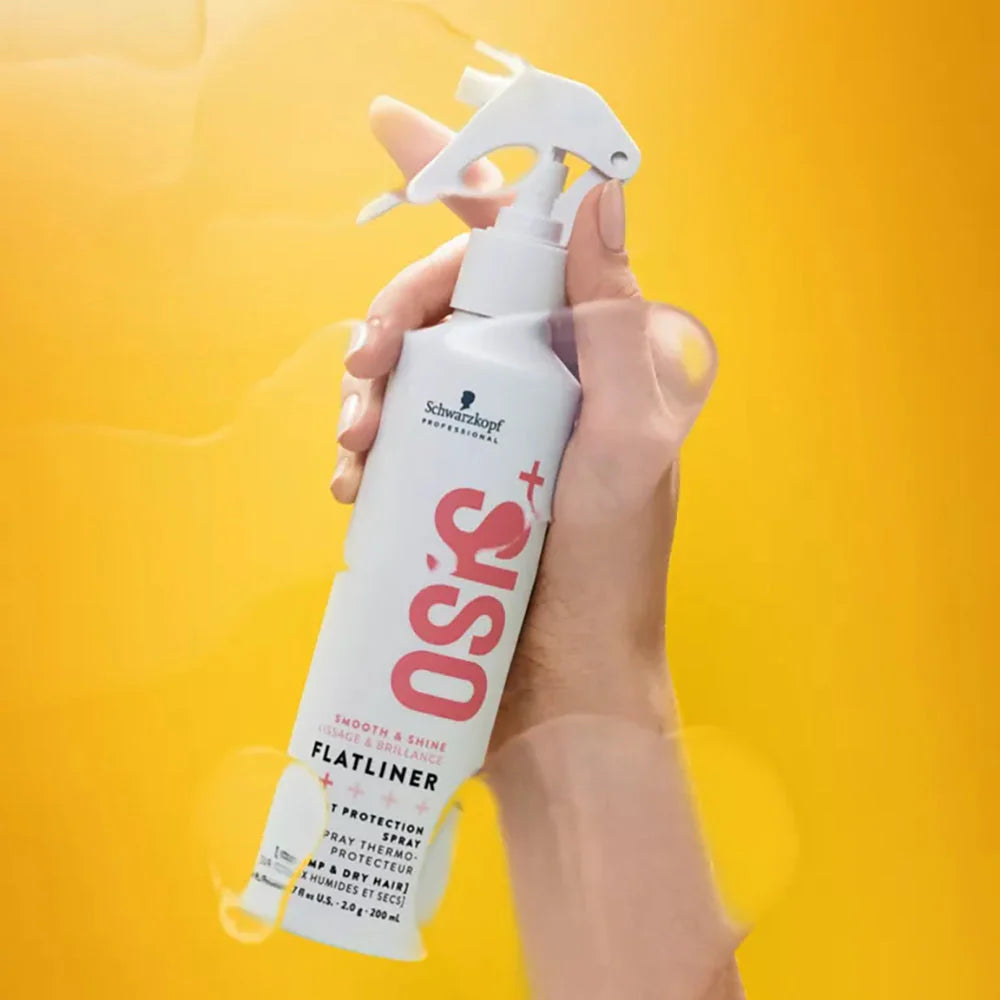 Schwarzkopf OSiS+ Flatliner Smooth and Shine heat protection spray 200ml held in hand
