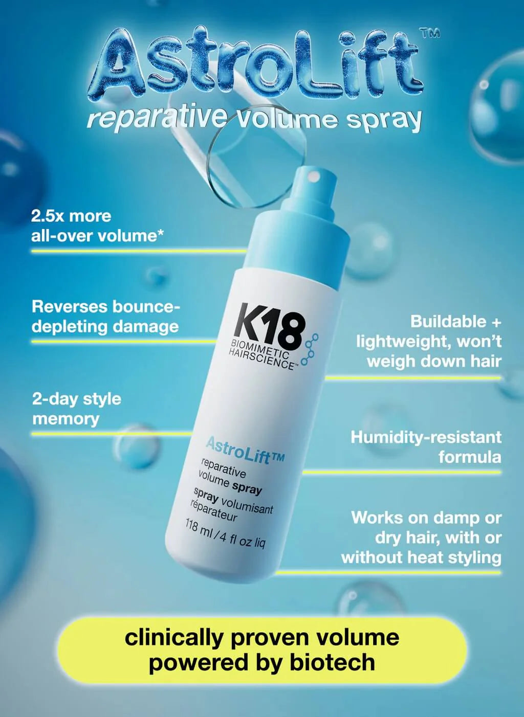 K18 AstroLift Reparative Volume Spray 118ml floating product shot